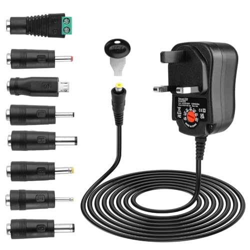 12W Universal Power Adapter, 3V 4.5V 5V 6V 7.5V 9V 12V AC to DC Power Supply with 8 Tips for Electronic Devices LED Strip Lights CCTV Camera TV-Box Speakers Router Tablet, 1A Max
