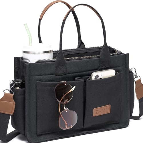ZHMO Canvas Tote Bag for Women With Compartments and Zipper,Black Women's Bags Crossbody Bags Work Laptop Tote Bag Large Satchels Handbag Tote Purse Everyday Shoulder Bag for Travel Nurse Teacher Gift