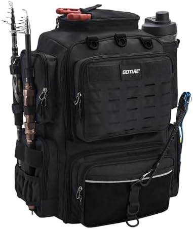 Goture Angelrucksack 73L Angelgerätetasche mit Eva-Boden Wasserdicht, Angelzubehör-Rucksack mit 2 Rutenhaltern und Regenschutz, Strapazierfähiges 600D Oxford-Gewebe für Forellen- u