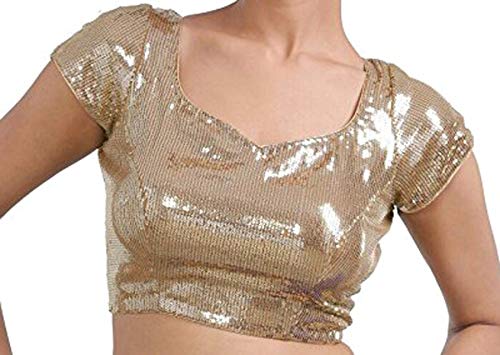 indianbeautifulstore Indian Sequin Boat Neck Sari Blouse Saree Top Lehenga Designer Blouse Bridal Wedding Skirt Party Wear Choli, Crop Top Fully Stitched Padded Blouse Golden
