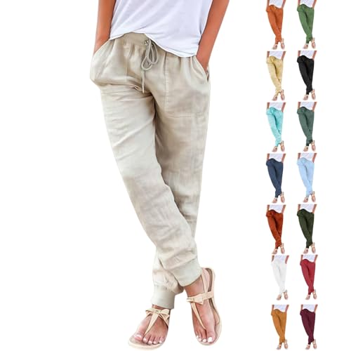 ZGTWHZY Linen Joggers For Women,Linen Joggers For Women 2026 Summer Casual Tapered Straight Leg Drawstring Elastic Waist Lightweight Petite Cuffed Khaki Gauze Ankle Cropped Pants With Pockets,L