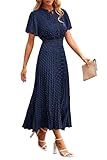 PRETTYGARDEN Summer Long Dresses for Women Puff Short Sleeve V Neck Swiss Dot Pleated A Line Casual Flowy Party Midi Dress (Navy,Large)