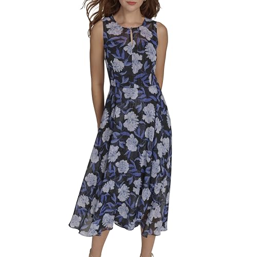 Image of Tommy Hilfiger Women's Sleeveless Keyhole Neck Chiffon Belted Hi-Lo Midi Dress