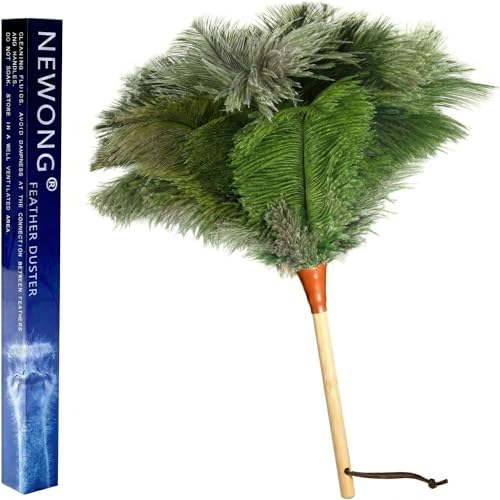 Image of 16inch Natural Good Ostrich Feather Duster with Bamboo Handle, Electrostatic Dust Remove for Ceiling,Fans,Bookshelves, Sofa, Windows, Fit for Home, Office and Cars Duster Green
