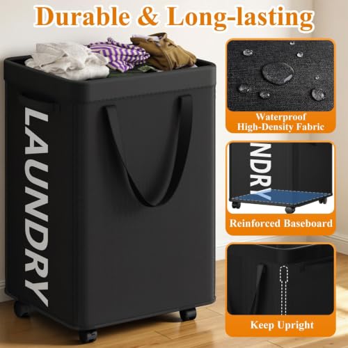 Image of Optish Laundry Basket with Wheels, 90L Rolling Laundry Hamper with Wheels, Large Clothes Hamper on Wheel with Removable Mesh Bag for Bedroom, Dorm Room Essentials, Black