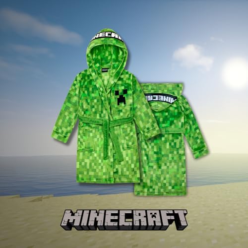 Minecraft Bademantel Kinder Jungen Fleece Morgenmantel mit Kapuze Creeper Design (as3, numeric, numeric_152, regular, Grün)