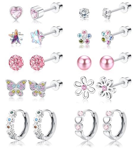 Adramata 10 Pares Pendientes para Mujeres Acero Quirúrgico Hipoalergénicos Pendientes de Tuerca Seguridad de Mariposa Flores Pendientes de Aro para Niño y Niña