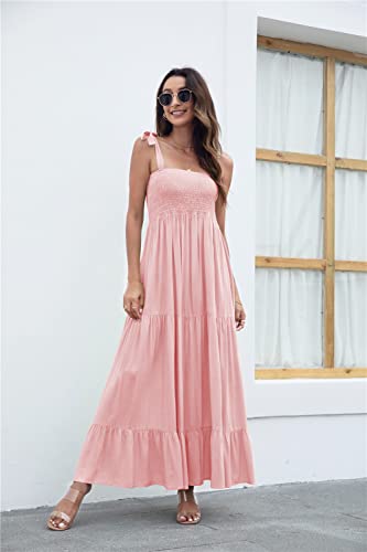 Image of kinstell Women's Summer Boho Spaghetti Strap Square Neck Ruffle Casual Flowy Long Dress Beach Swing Party Maxi Dress