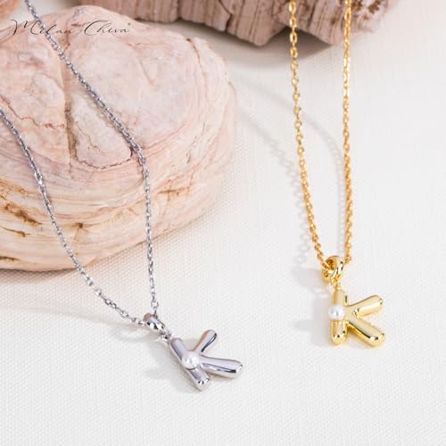 Milan Chiva Initial Letter Pendant Bubble Necklaces, 14K Gold Plated Dainty Necklace with a Cute Simulated Pearl, Name A-Z letter Pendant Personalized Charm Jewelry Trendy Gifts for Women MNS-1021SL — view 4