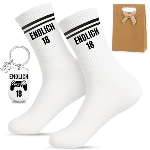 Scinzene Set regalo per bambini di 18 anni – Finalmente 18 calzini 38-42 con portachiavi, 18° compleanno, 18° compleanno, per 18° compleanno, calzini da tennis, calzini sportivi