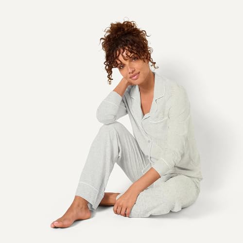 Amazon Essentials Damen Schlafanzug-Set, Baumwollmodal, langärmliges Hemd und durchgehendes Unterteil, Grau meliert, S