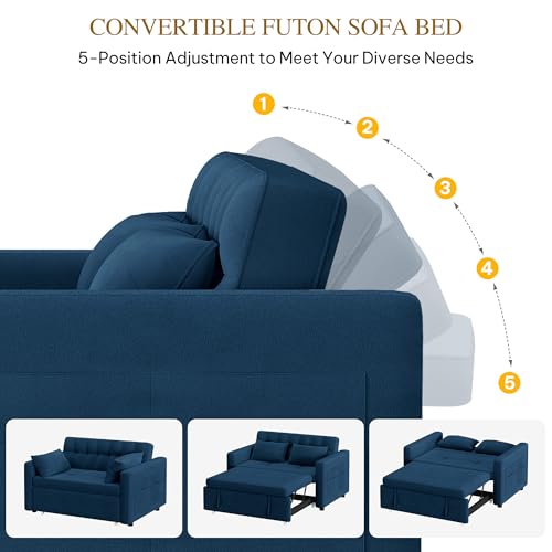 DWVO 3-in-1 Convertible Sofa Bed, 55" Sleeper Sofa with Pull-Out Bed, Cat-Scratch-Proof Fabric Futon Couch with Adjustable Backrest and Side Pocket, Loveseat for Living Room Apartment, Blue