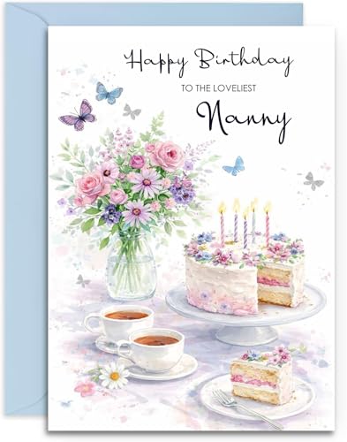 Nanny Tea & Cake Birthday Card - Pretty - Afternoon Tea - Birthday Card For Her - A5 Size Card with Blue Envelope