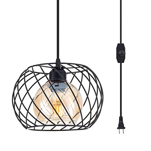 Long-ZS Dimmable Plug-in Pendant Light Glass Black 16ft Cord