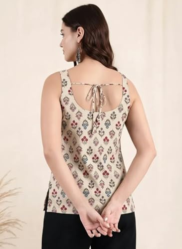 Image of Pinkmint Women Cotton Blend Printed Short Kurti Top (Pack of 2) | Stylish Casual Wear | Sleeveless Top | Back Dori Design | Comfortable Kurta Tops