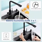 CECIPA PURE-B 3-drożny bateria kuchenna, bateria zlewozmywakowa z dwoma wylotami wody: Filtrowana woda i gorąca/zimna - obrotowa wylewka ze stali nierdzewnej 360° 304, czarna