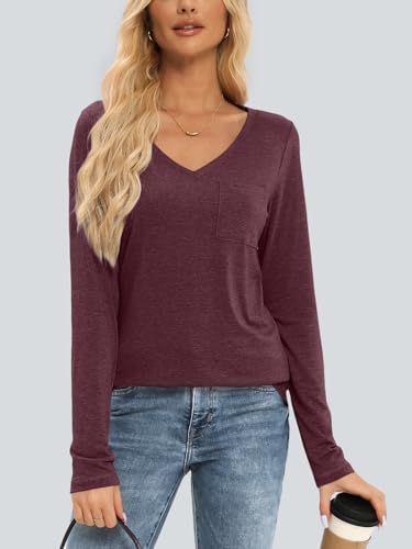 Image of AUTOMET Womens Long Sleeve Shirts V Neck Casual Tops with Pockets Loose Dressy Basic Fall Outfits Clothes Winter Trendy 2025