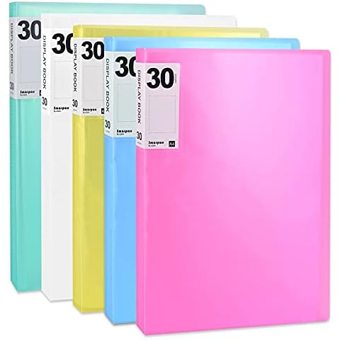 Smarpau A4 Display Folders, 5 Pack 30 Pockets Display Book Document Clear Folders with Plastic Sleeves, Presentation Folder Project Folders for Individuals, School and Offices (5 Colours) Cover