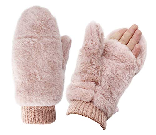 JUMISEE Women Winter Faux Fur Flip Cover Mittens Warm Soft Half Finger Fingerless Gloves