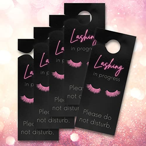 Lashing In Session Door Handle Hang Sign | 5 Pack | 3.5 X 8.5" Inches Large Door Hang Tag Size | Eyelash Extension Supplies | Lash Extension Business Supplies | Black Tag Design #TOP4