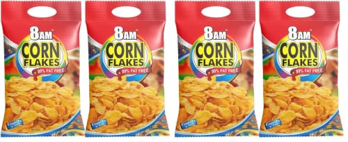 Image of 8AM Corn Flakes 500 Gram (Pack Of 4), 92% Corn, 99% Fat Free, No Cholesterol, Trans Fat, Artificial Additives, Vitamins B1, B2, B3, B6, B9, Iron, Calcium, Crunchy & Nutritious Cereal