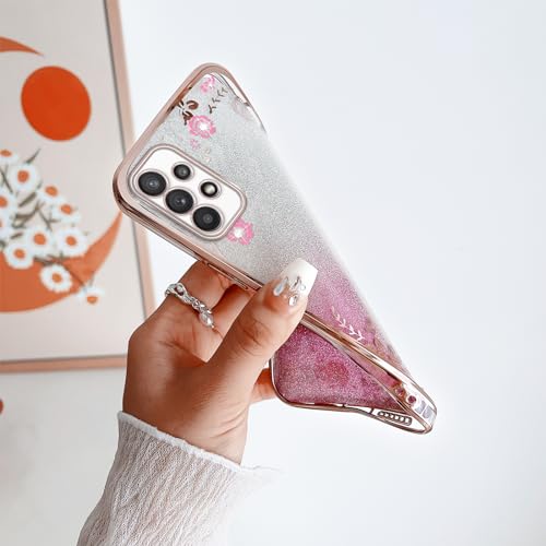 Image of for Galaxy A23 5G Case, for Samsung A23 5G Case Women Gradual Change Glitter Crystal TPU Stylish Butterfly Floral Heart Clear Protective Cover with Strap for A23 5g (Rose Gold)