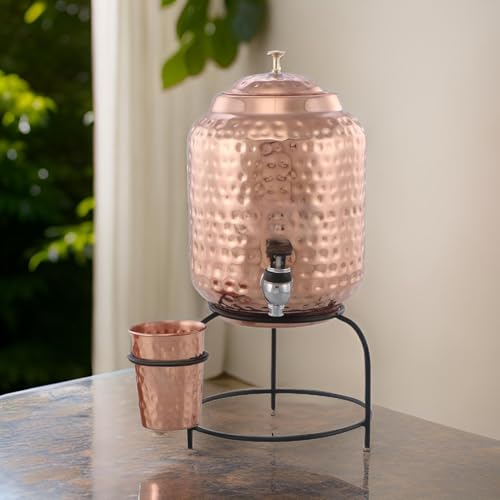 Hammered Copper Water Dispenser with Glass & Stand Capacity, 5ltr Container