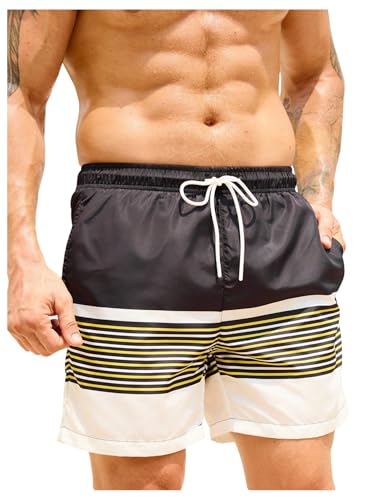 OYOANGLE Men's Swim Trunks Color Block Striped Drawstring Beach Board Shorts with Pocket - Main Image