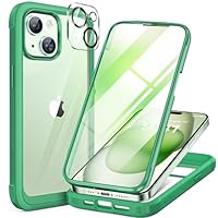 Miracase Glass Case for iPhone 15 Plus Case 6.7-Inch, Full Body Bumper Clear Back Cover and Built-in 9H Tempered Glass Screen Protector + Camera Lens Protector (Green)