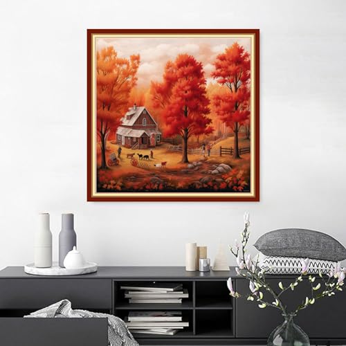 Image of Joyhoor Cross Stitch Kits for Beginners Stamped Cross-Stitch Supplies Needlework preprint Embroidery Kits for Adults DIY Needlepoint Kits Embroidery Patterns 11CT-Red Maple Leaf Scenery 18.x18 inch