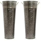 Hosley Set of 2 Zinc Finish French Bucket Vases with Handles 6"Dx15"H Perfect for Weddings, Parties, Country Picnics, Floral Arrangements, Tableware Storage, or Candle Gardens - Rustic Farmhouse DΓ©cor