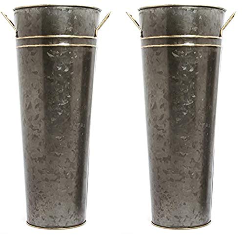 Hosley Set of 2 Zinc Finish French Bucket Vases with Handles 6'Dx15'H Perfect for Weddings, Parties, Country Picnics, Floral Arrangements, Tableware Storage, or Candle Gardens - Rustic Farmhouse Décor