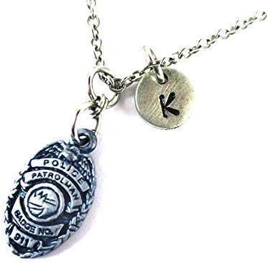 Blue Police Badge Charm Necklace Personalized Initial Women's Jewelry Police Wife Gift