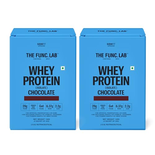 Image of The Func. Lab Whey Protein Isolate - Chocolate Travel Packs | (4 * 35g Sachets) Pack of 2 | Grass‑Fed, 29g Protein per Scoop | High Protein Supplement with Digestive Enzymes for better Absorption