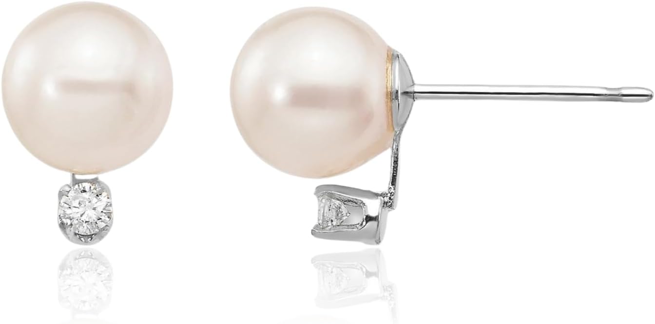IceCarats 14K Solid White Gold 6mm Akoya Pearl Diamond Medium Stud Earrings Prong Set, Friction Back For Her