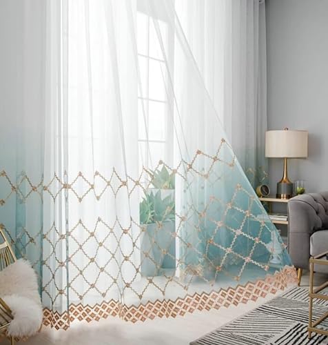 BCughia Green Sheer Curtains 84 inch Long 2 Panels, Gradient Color with Rhombus Pattern Pinch Pleat Curtains for Bedroom and Living Room Each Panel 38" W x 84" L - Image 2