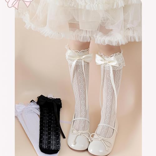 Girls Ruffle Knee Socks Bowknot Ribbon Thigh High Stockings Socks Fashionable3