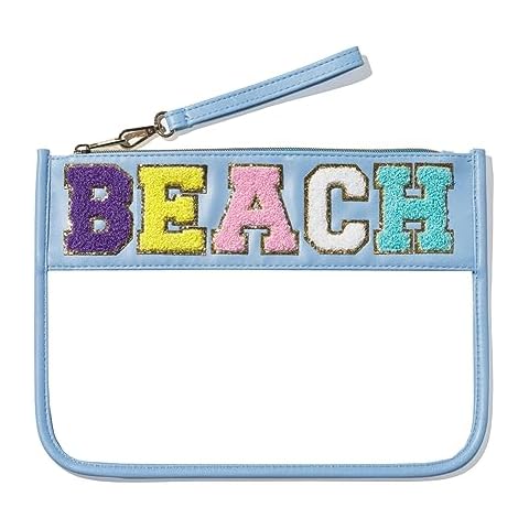 Sohynca Chenille Letter Clear Cosmetic Bag Transparent Toiletry Bag Waterproof Makeup Bag Preppy Travel Zipper Pouch (Blue Beach) Cover