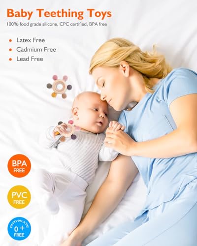 Image of Novo Baby Baby Teether 0-6 Months - Soft Silicone & Wood Toy for Infants | BPA-Free Teething Relief for 3-12 Month Age Group | 3 to 6 Month Baby Toys | Gift for Newborns & Toddlers - Beige