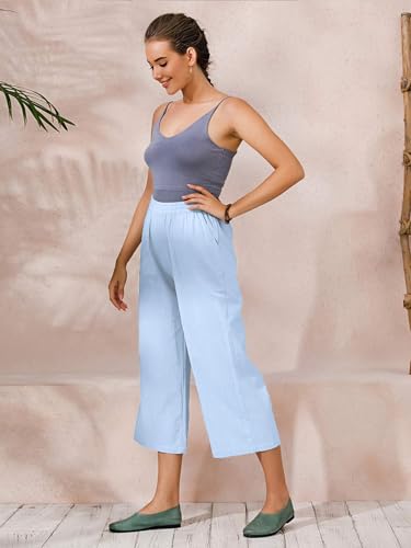 Image of ECUPPER Womens Cotton Cropped Pants Loose Fit Wide Leg Trousers | Casual, Plus Size, Elastic Waist, Capri, 100% Cotton, Slant Pockets, High Rise Waist, Lounge Pants