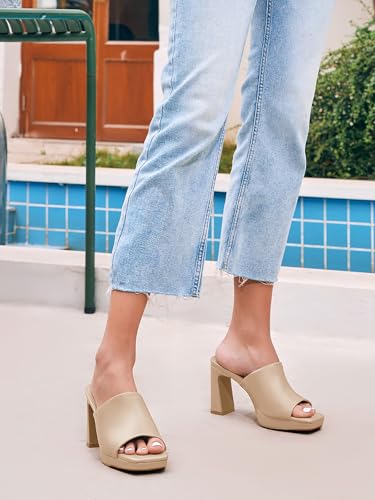 Image of Womens Platform Chunky Heels Mules Square Open Toe High Heeled Sandals Slip On Slides Dress Shoes