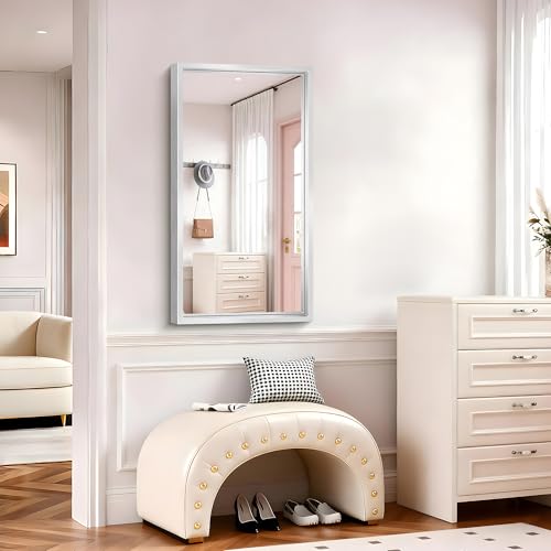 Image of 20x36 Silver Bathroom Mirror, Brushed Silver Rectangular Mirror for Wall, 0.6 inch Thickened Deep Frame Mirrors for Bathroom Sink, Shatterproof Tempered Glass, Antirust, Horizontally or Vertically