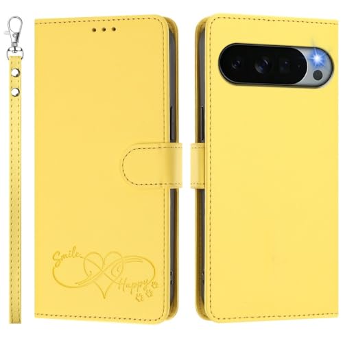 Étui Google Pixel 6A jaune en cuir avec rabat magnétique et fonction portefeuille