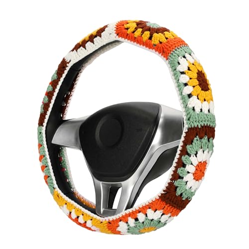 Crochet Steering Wheel Cover Set, Boho 14-15 in, Handmade Sunflower Granny Square Car Decor for Women, Hippie Wheel Cover