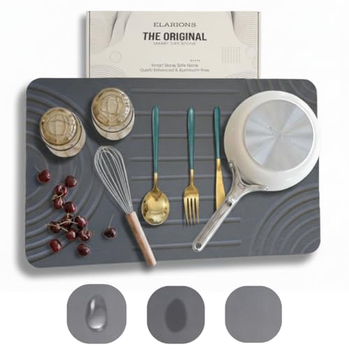 Elarions Large Diatomaceous Earth Stone Dish Drying Mat - 24 x 16 Quick Dry Non-Slip Food Grade Fast Absorbent Quartz-Enhanced Rapid Water Absorbing Countertop Mat For Dish Rack