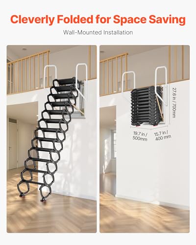 Image of VEVOR Attic Ladder Wall-Mounted, 660LBS /299.4KG Capacity, Fits 9.5 to 10 ft Ceiling Height, 12-Step Steel Folding Stairs with Handrails, Pull Down Attic Ladders for Attics, Garages, Roofs, Basements