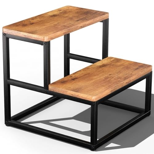 Hot Tub Steps, 2 Step Wooden Step Stool for Adults & Kids, 500 LBS Capacity Heavy Duty Bed Steps for High Beds, Sturdy Metal Frame Stepping Stool for Kitchen, Bathroom, RV