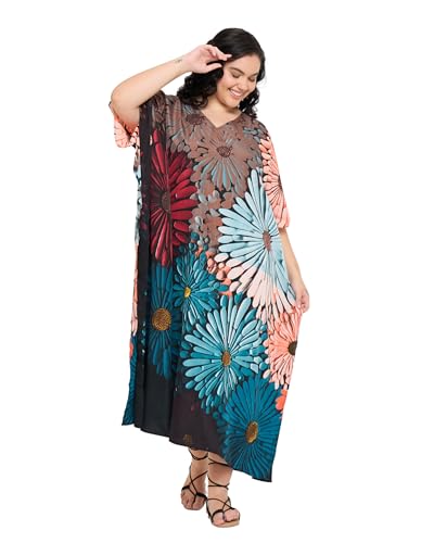 Image of Gypsie Blu Women Plus Size Kaftan Dress Beach Cover Up Maxi Dresses for Women, V-Neck Kimono Sleeve 1X-3X