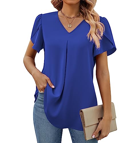 Funlingo Women's Summer Casual Tops V Neck Petal Short Sleeve Tunic Tops Dressy Chiffon Blouses Royal Blue 2X-Large #TOP12