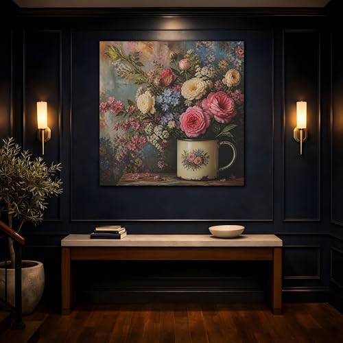 Impression sur toile fleurs rose et bleu grand format 50x50cm multicolore